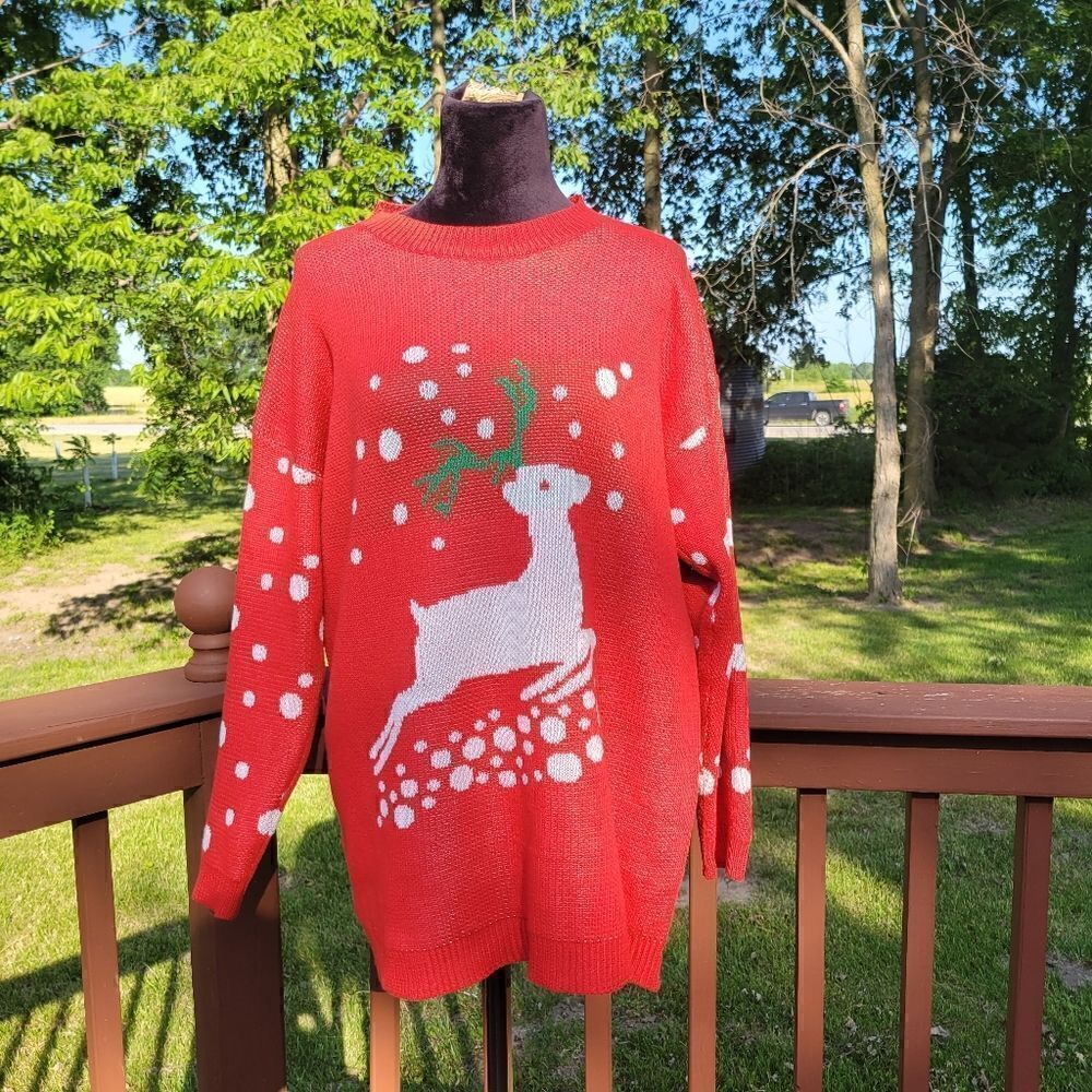 Vestidos Christmas Red Pullover Reindeer Oversized Sweater, sz Medium